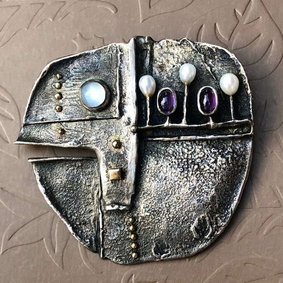 Stittgen brutalist sterling silver and gemstone brooch - Picture 5 of 6